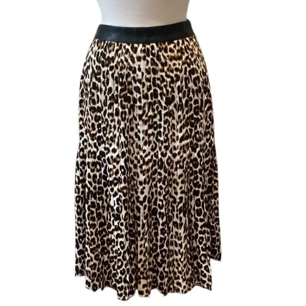 Express Leopard Pleated Midi Skirt Faux Leather Waist Size 6